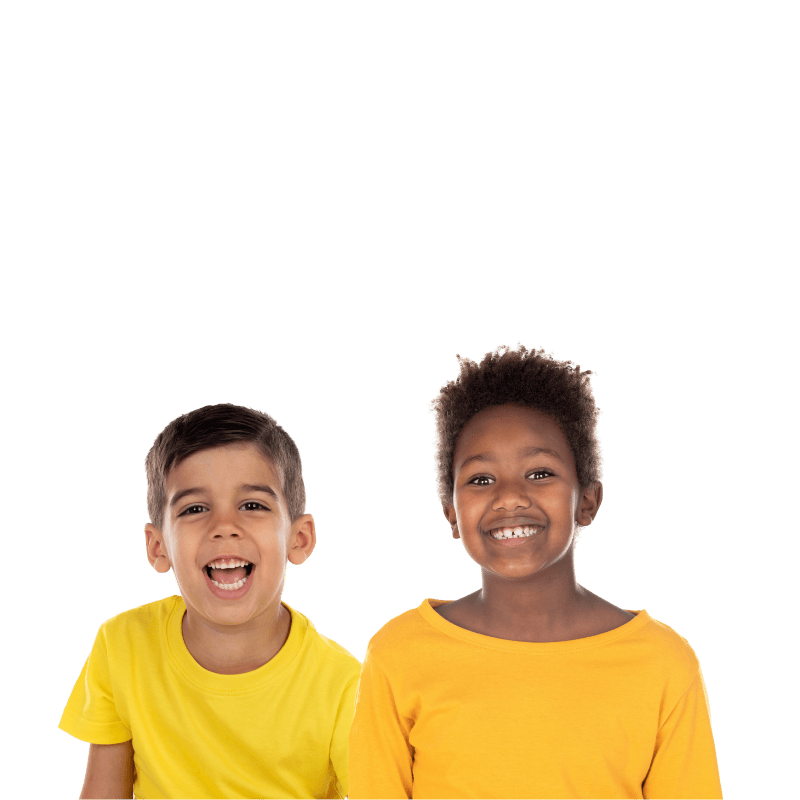 two smiling kids in yellow shirts