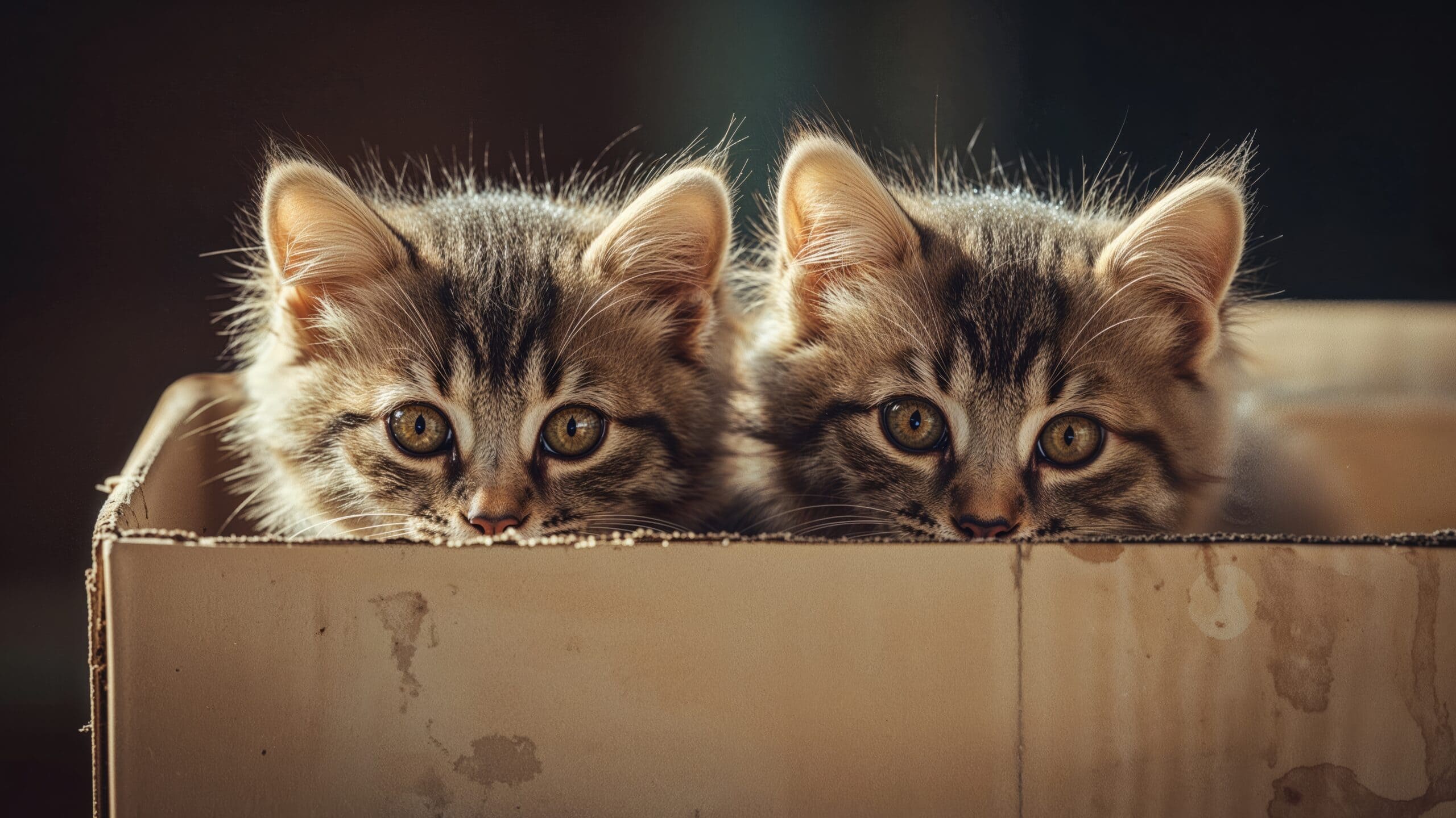 Cute two tabby kittens peeking in a box, vintage filter