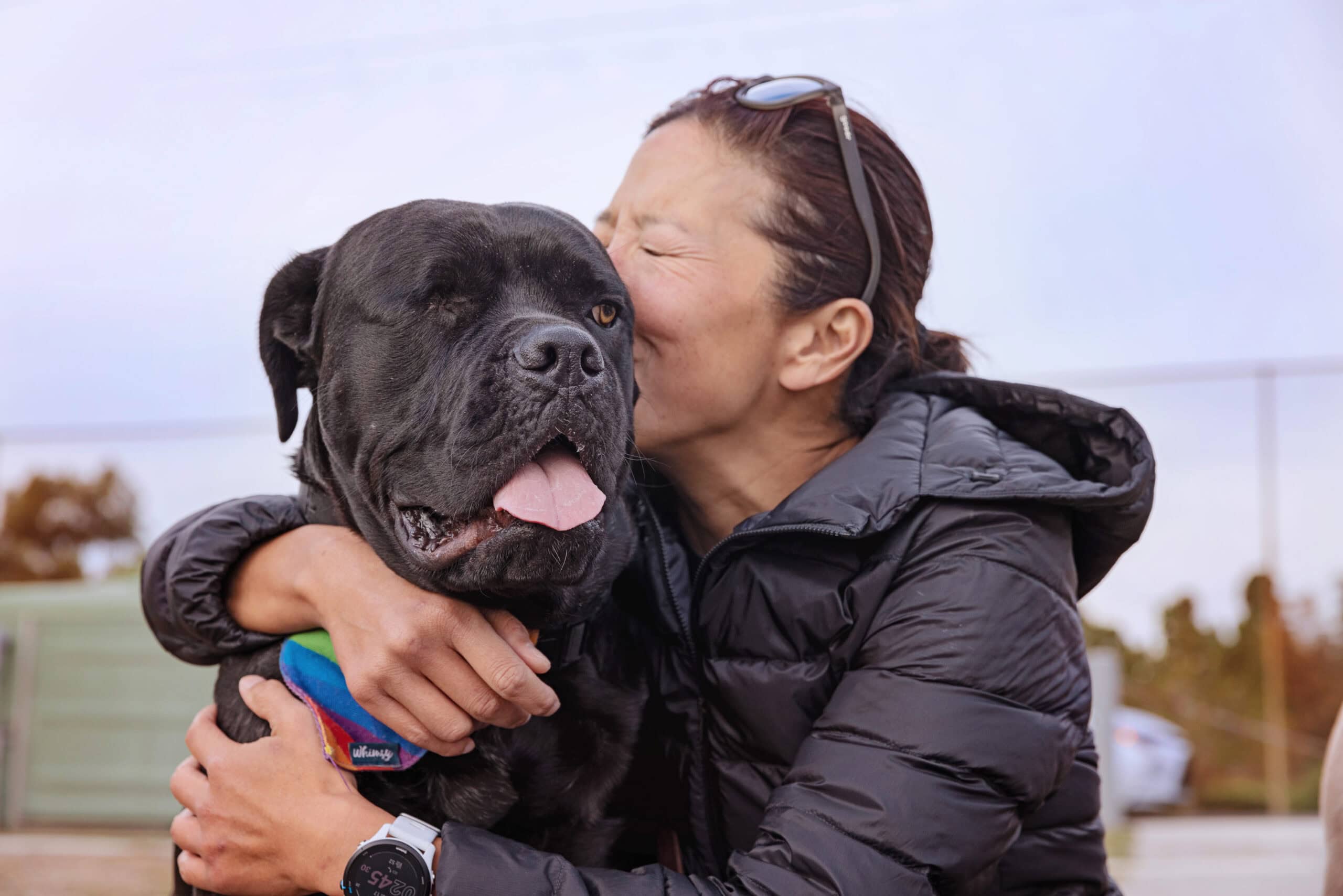 woman hugging large black dog outdoors